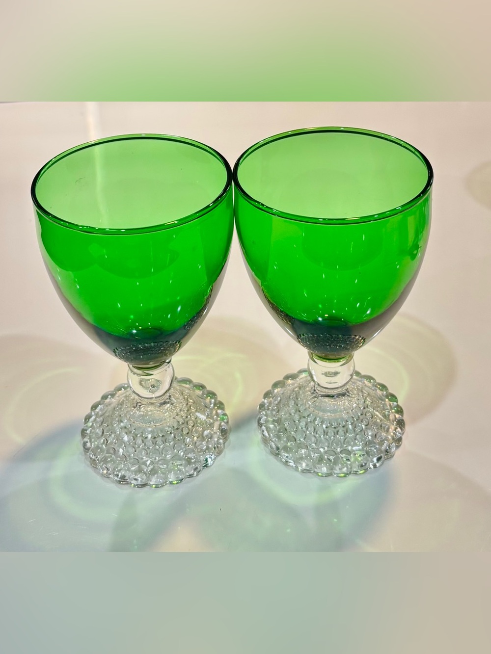 Pair of Vintage Anchor Hocking Emerald Green Goblets with Clear Bubble Feet